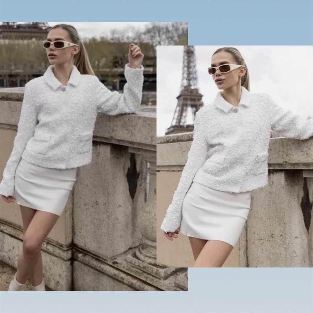 zara • blogger favorite white flower sequined cropped tweed blazer jacket s